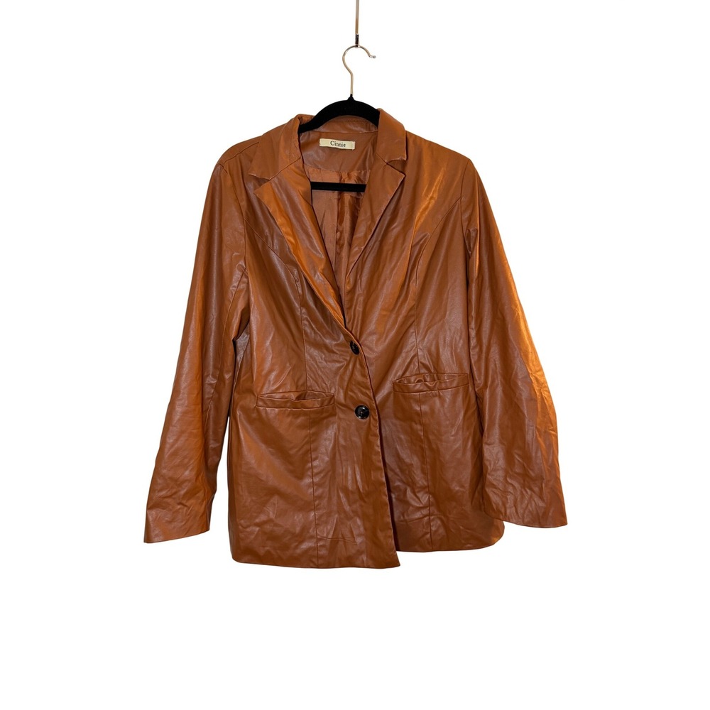 Cinnie‎ Faux Leather Blazer Brown Large Minimalist Chic Work Office Jacket